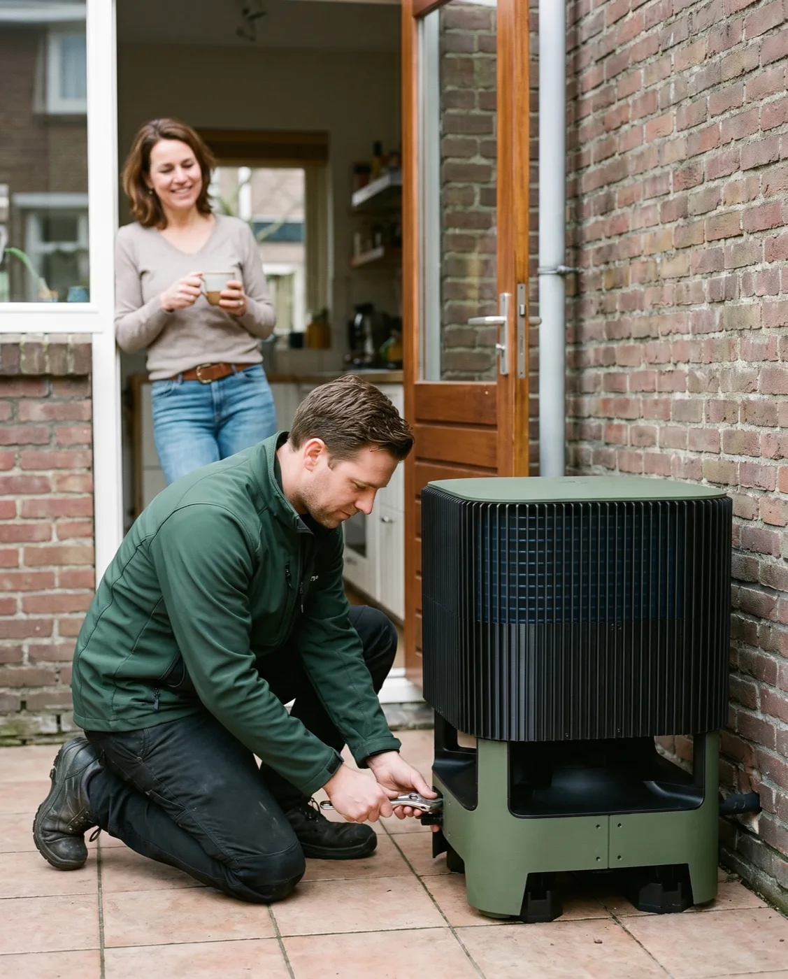 Een installateur sluit de Whspr aan op het terras terwijl de bewoner toekijkt vanuit de keukendeur